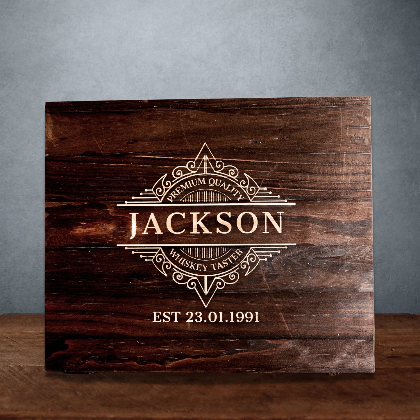 Engraved Wooden Gift Boxed Whiskey Decanter & 4 Scotch Star Base Glasses Set