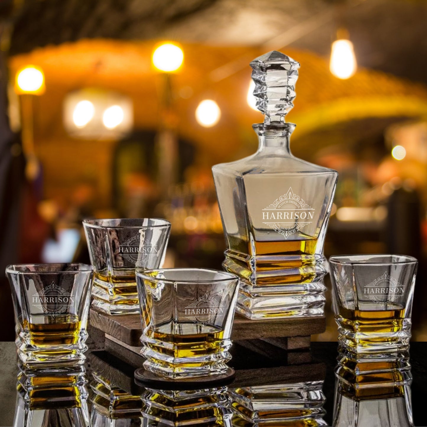Engraved Prism Whiskey Decanter Set & 6 Glasses in Free Black Gift Box