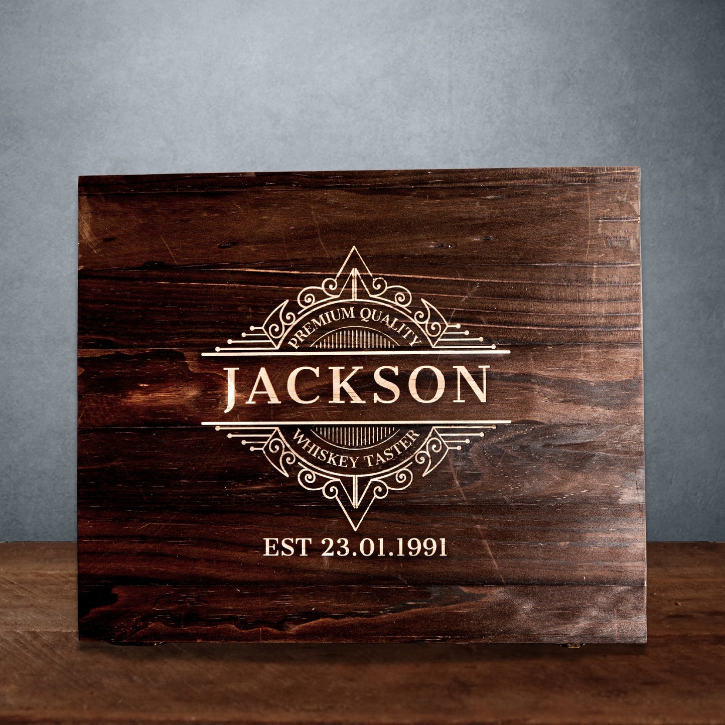 Engraved Wooden Gift Boxed Curve Whiskey Decanter & 4 Scotch Glasses Set