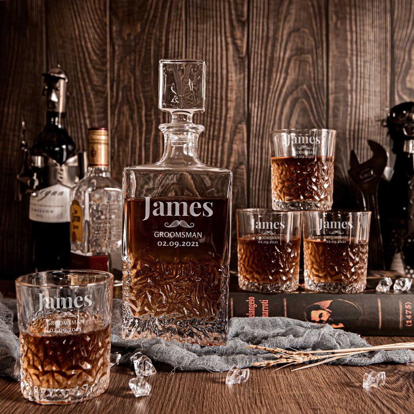 Engraved Carving Old Fashion Whiskey Decanter Set & 4 Glasses