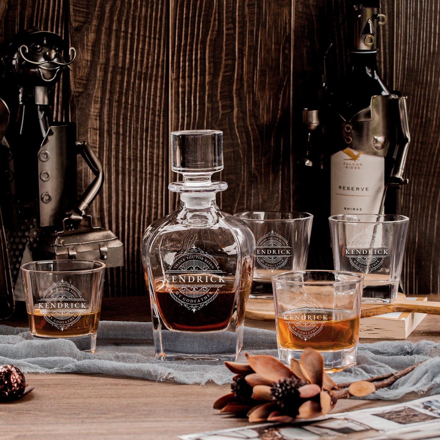 Engraved Curve Whiskey Decanter Set with 4 Scotch Glasses
