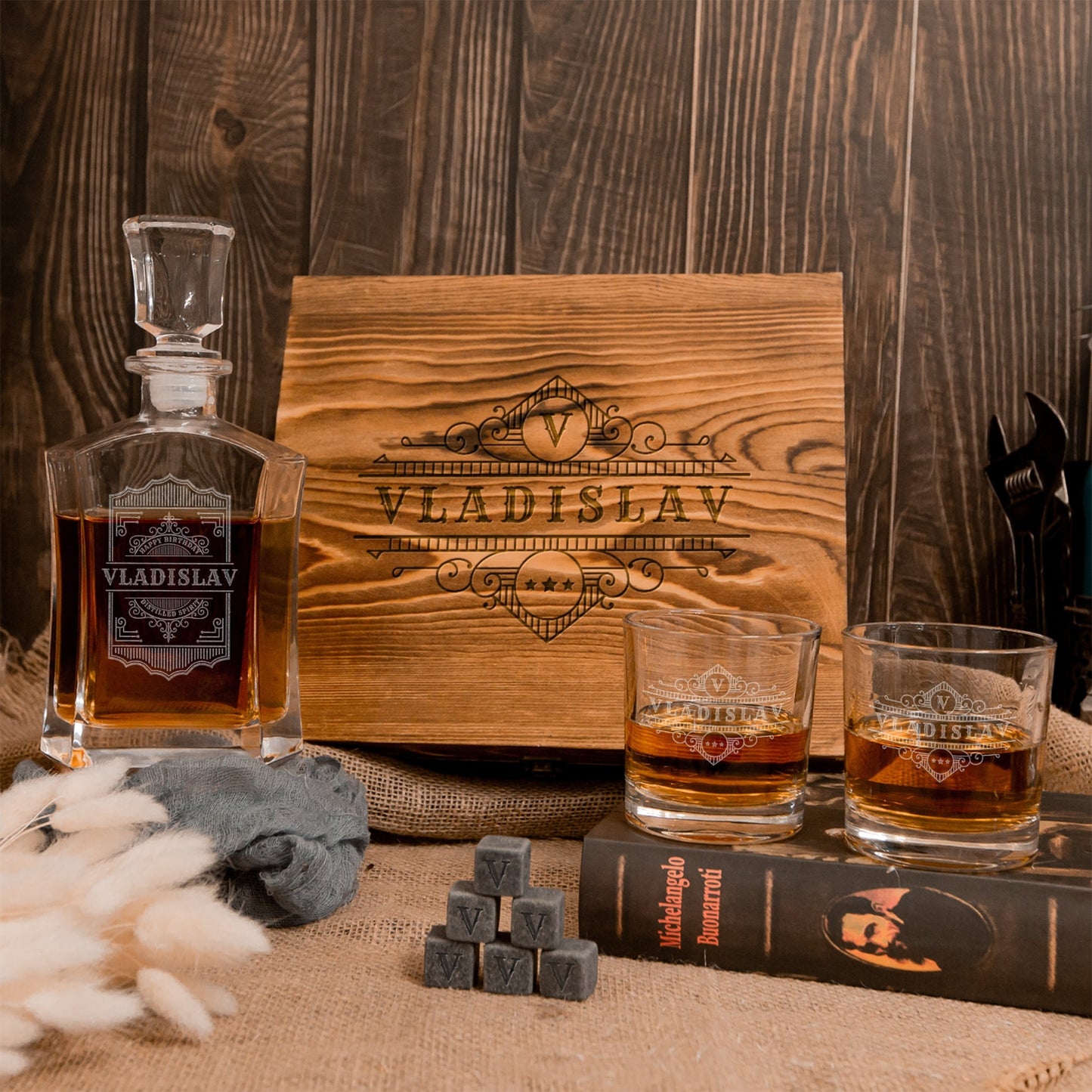 Engraved Flat Whiskey Decanter with 2 Scotch Glasses & 6 Ice Stones Set in Wooden Gift Box