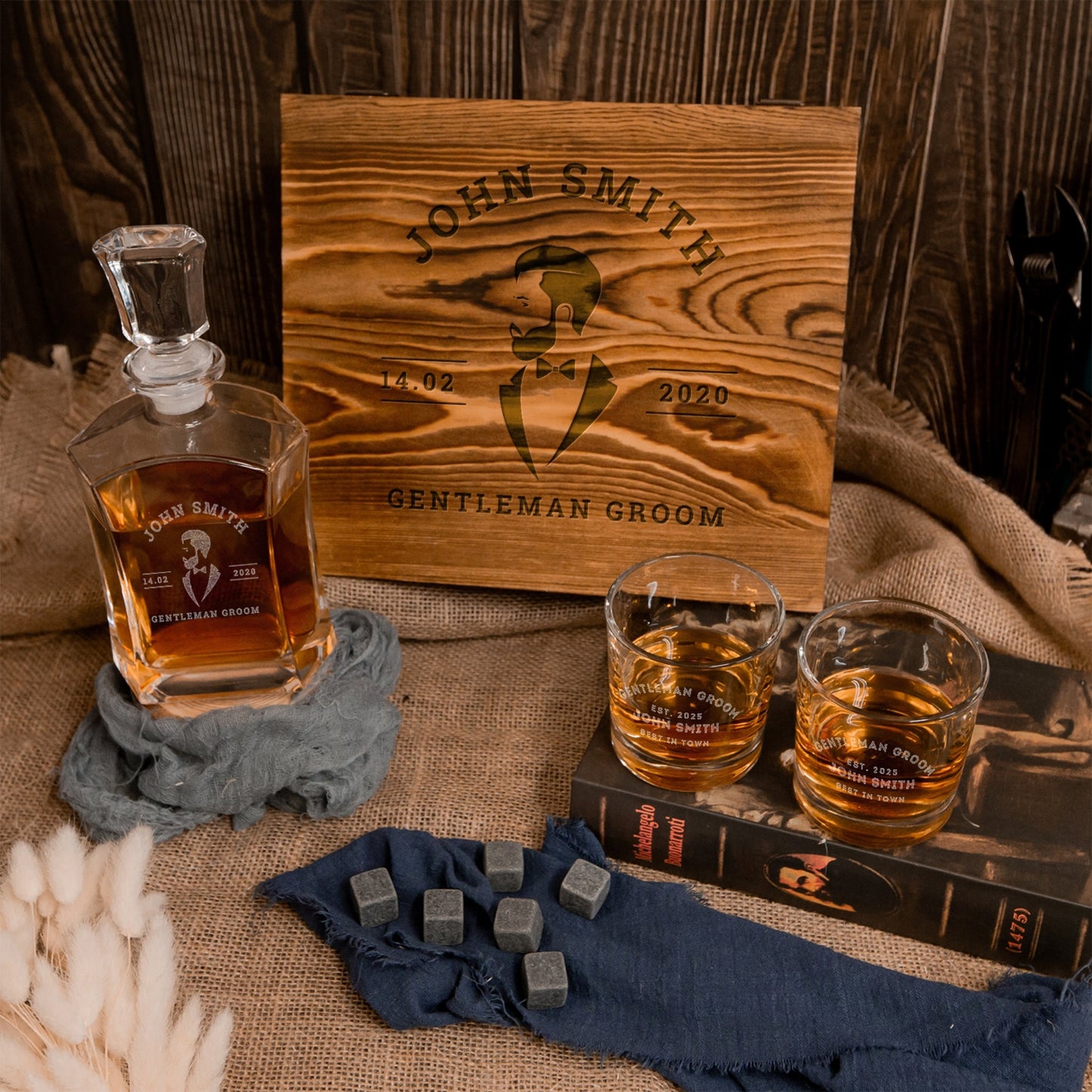 Engraved Flat Whiskey Decanter with 2 Scotch Glasses & 6 Ice Stones Set in Wooden Gift Box