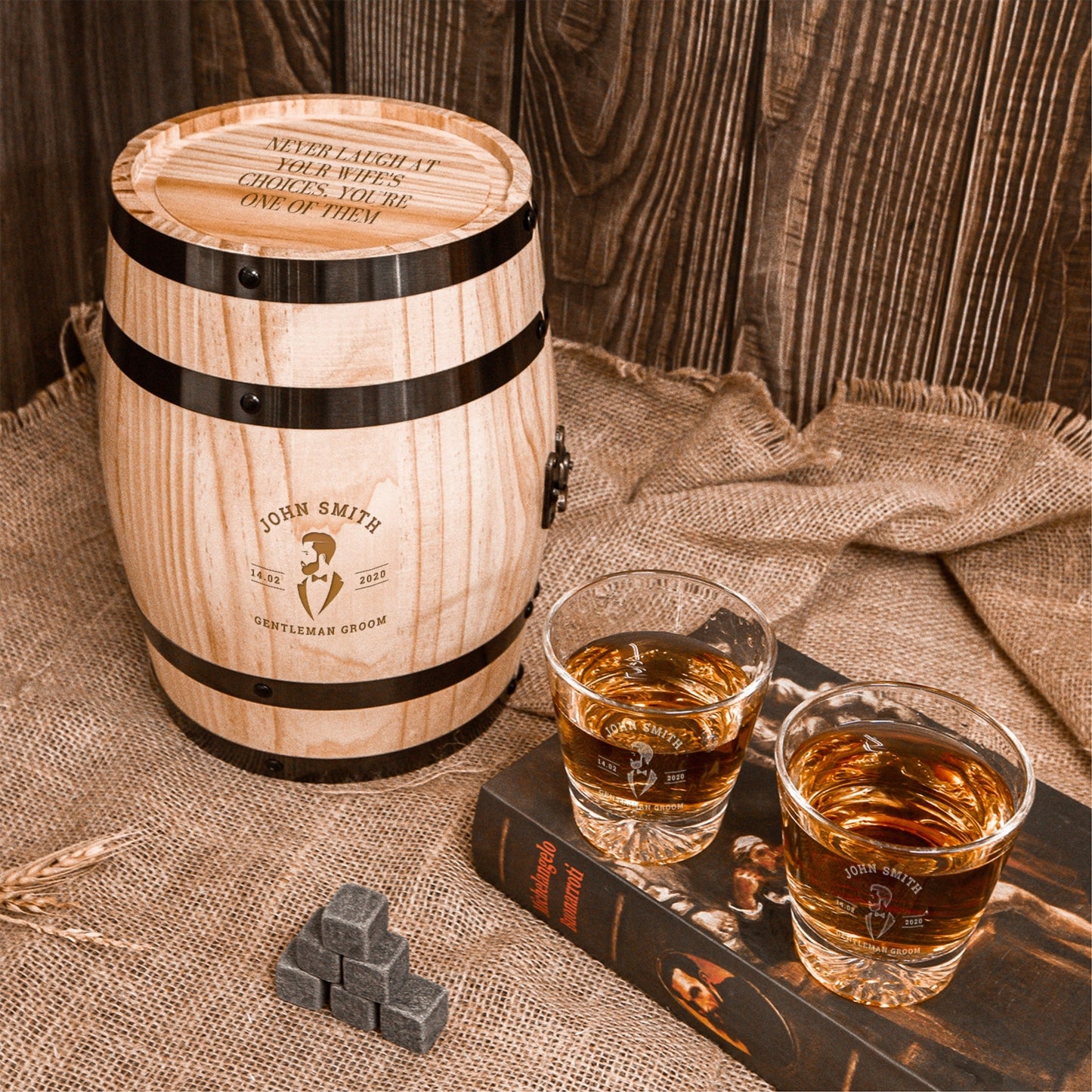 Personalised Set of 2 Rock Mountain Whiskey Glasses & 6 Ice Stones in Wooden Barrel