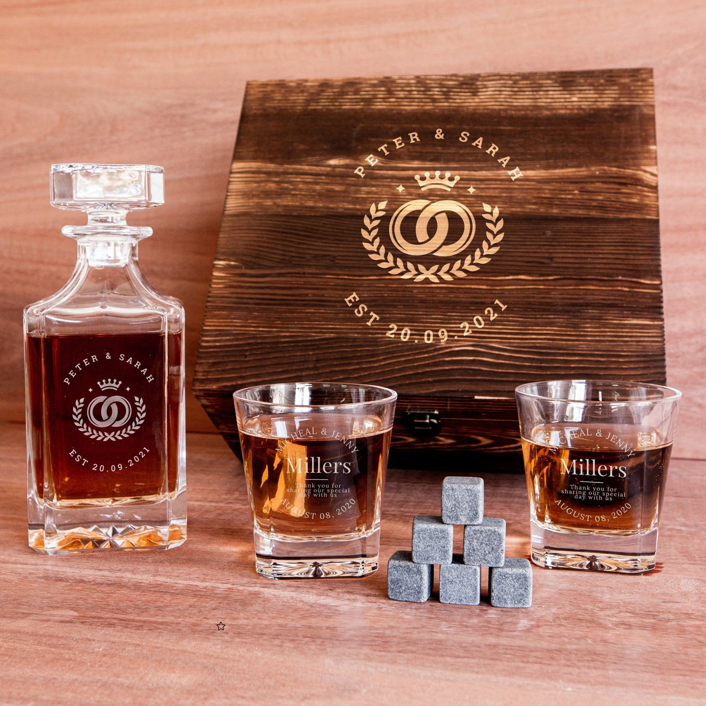 Engraved Square Whiskey Decanter with 2 Scotch Glasses & 6 Ice Stones Set in Wooden Gift Box