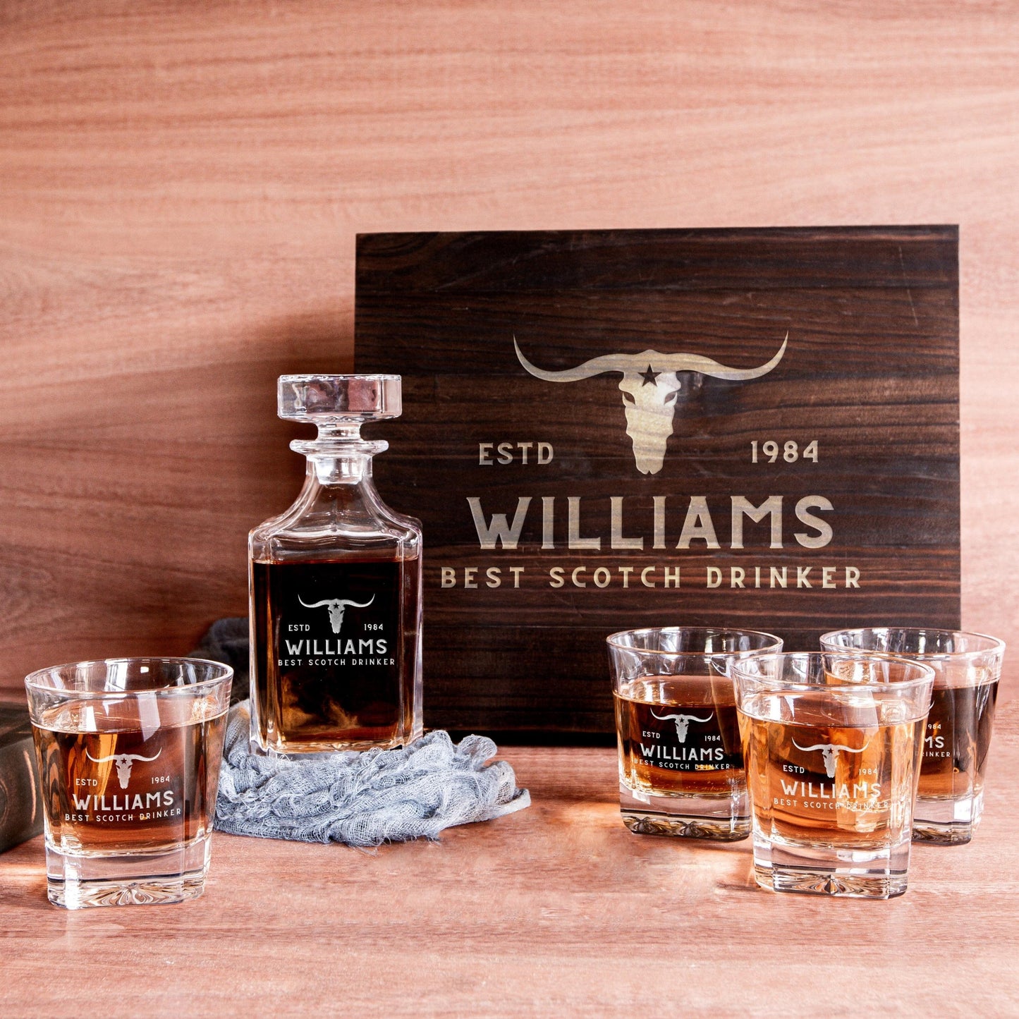Engraved Wooden Gift Boxed Whiskey Decanter & 4 Scotch Star Base Glasses Set