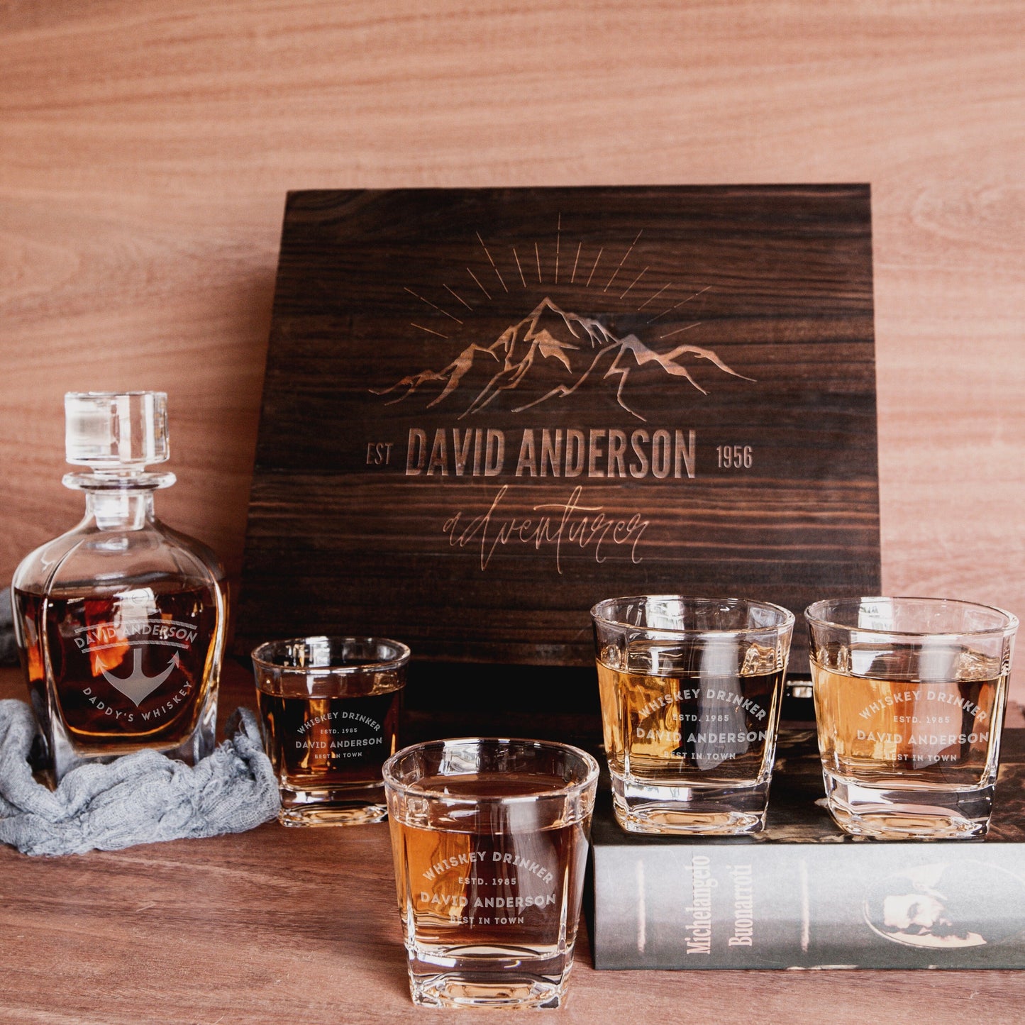 Engraved Wooden Gift Boxed Curve Whiskey Decanter & 4 Scotch Glasses Set