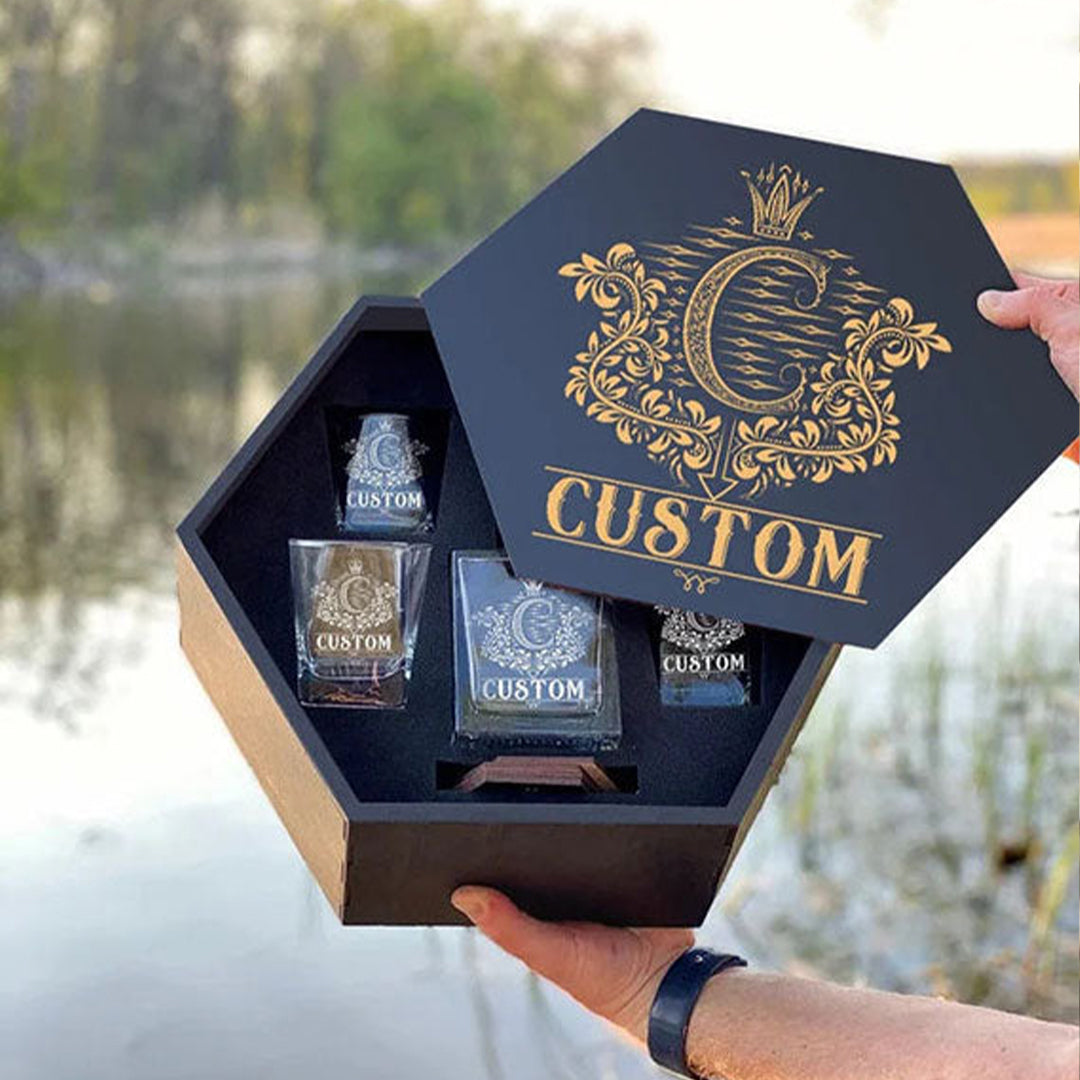 Custom Name - Whiskey Set (Wooden Box + Decanter + 4 Glasses + 4 Coasters), Bourbon Whiskey Collectibles,Father's Day Gift For Dad & Grandpa