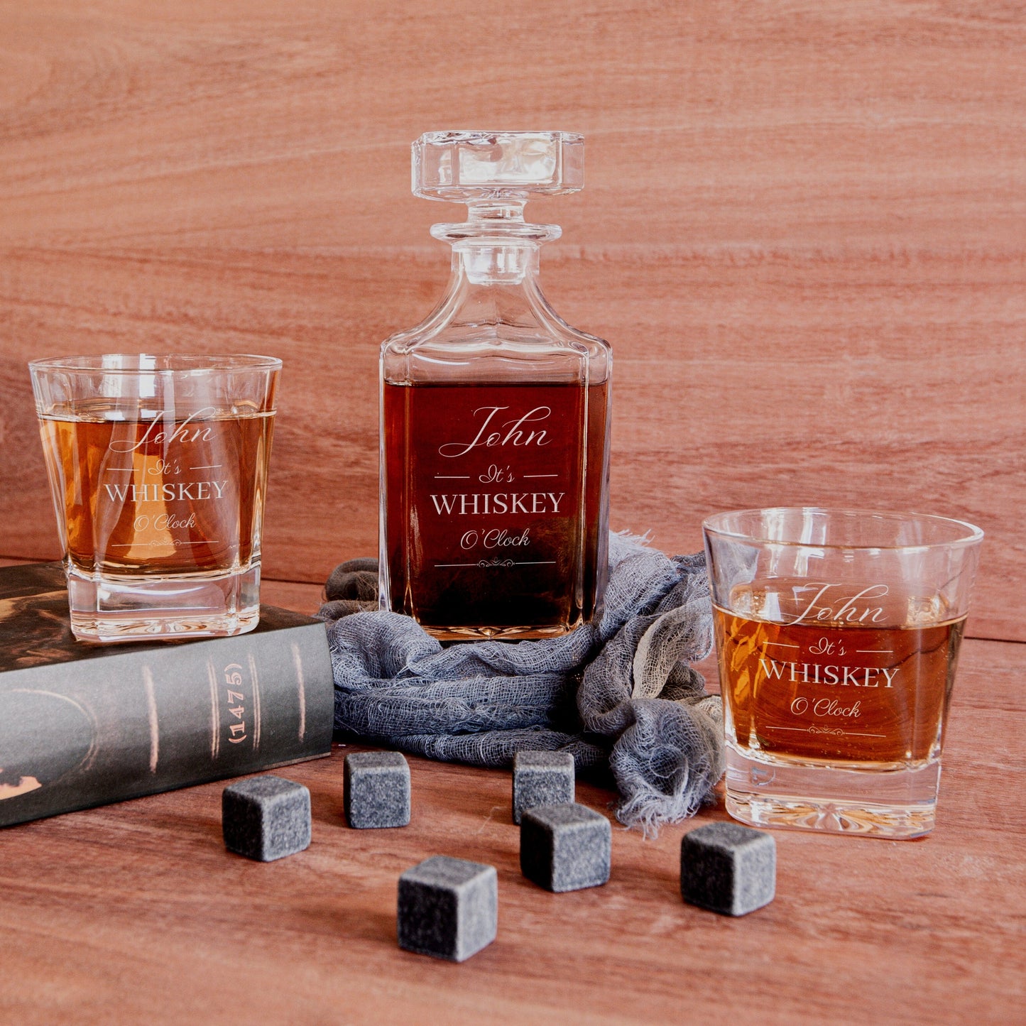 Engraved Square Whiskey Decanter with 2 Scotch Glasses & 6 Ice Stones Set in Wooden Gift Box