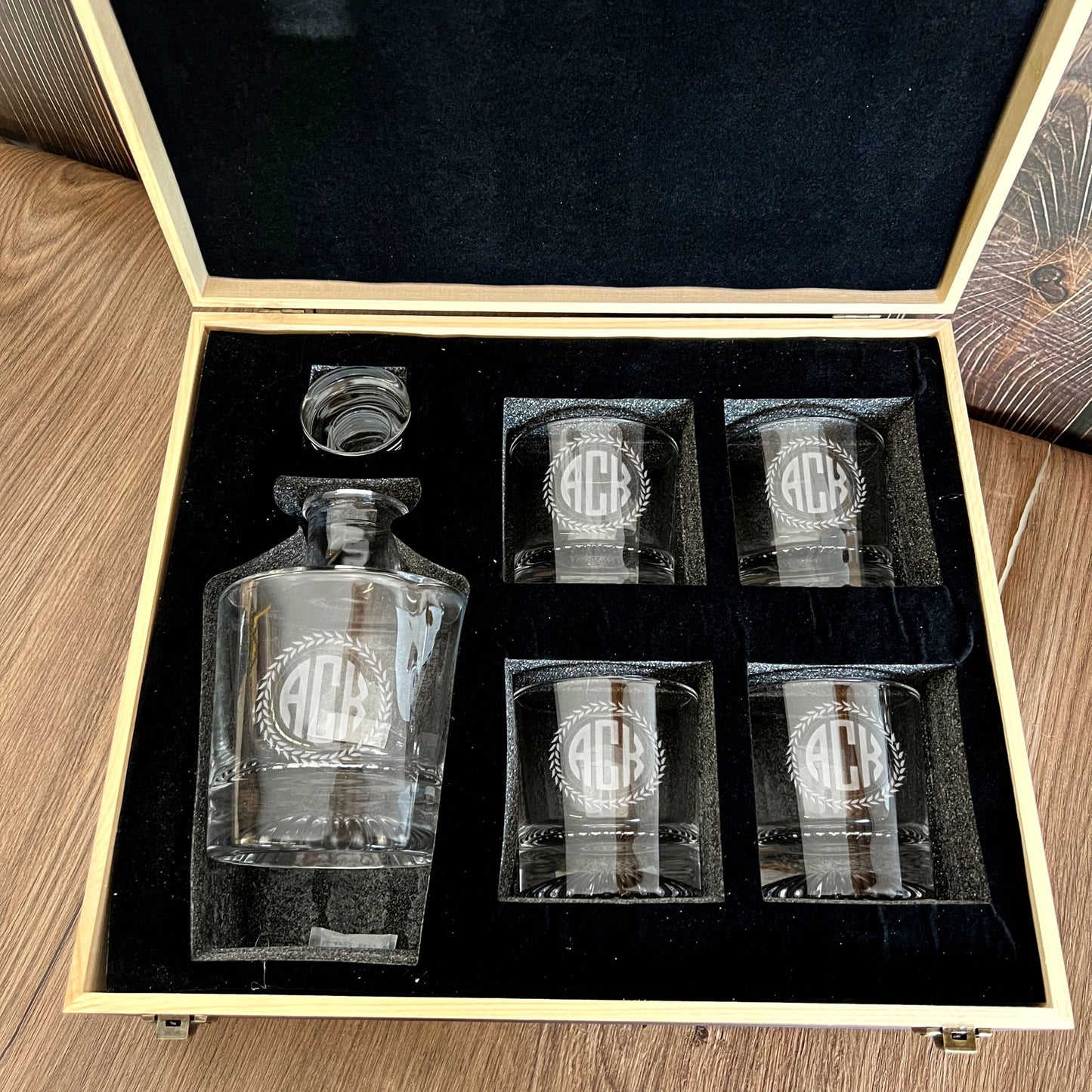 Engraved Wooden Gift Boxed Round Whiskey Decanter & 4 Scotch Glasses Set