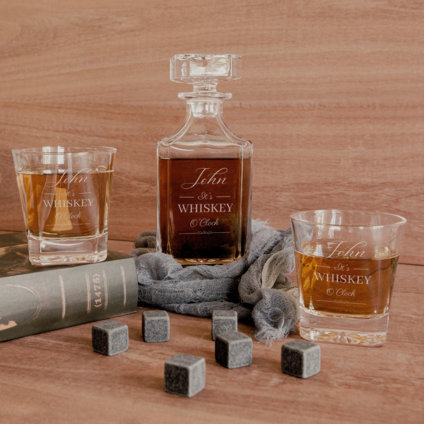 Personalised Army Crate Wooden Whiskey Gift Box - Star Base Decanter, 2 Glasses, 2 Coasters, 9 Ice Stones Set