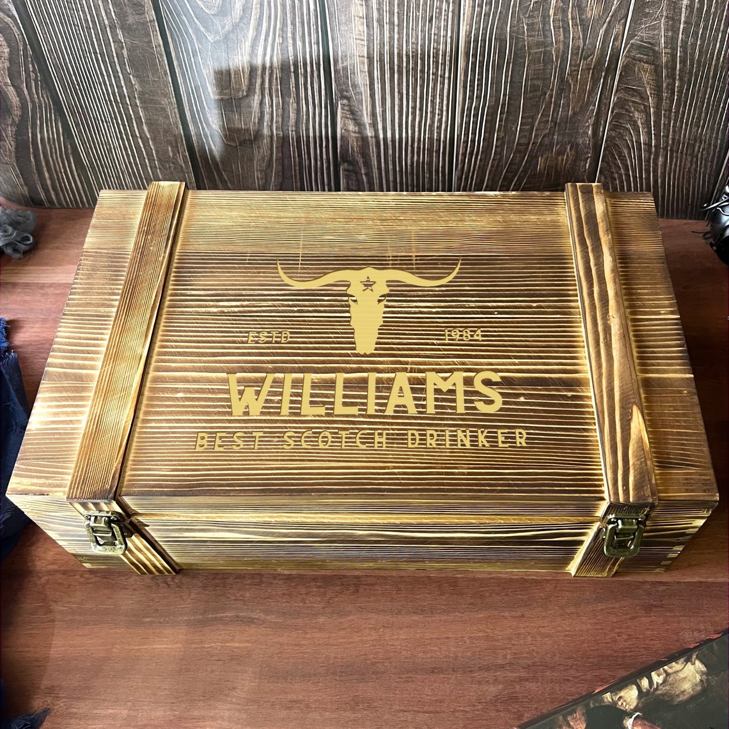 Personalised Army Crate Wooden Whiskey Gift Box - Star Base Decanter, 2 Glasses, 2 Coasters, 9 Ice Stones Set