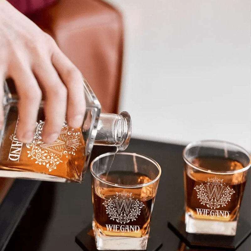 Custom Name - Whiskey Set (Wooden Box + Decanter + 4 Glasses + 4 Coasters), Bourbon Whiskey Collectibles,Father's Day Gift For Dad & Grandpa