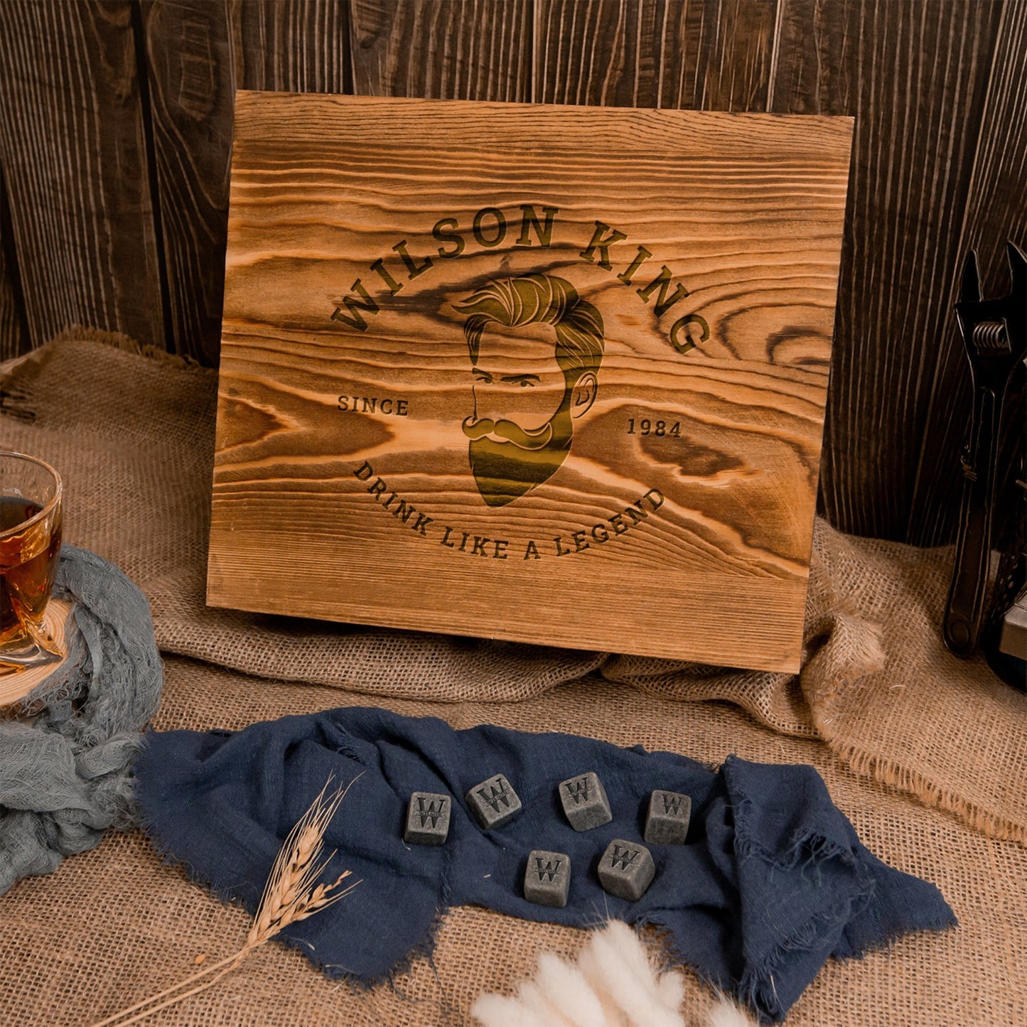 Engraved Flat Whiskey Decanter with 2 Scotch Glasses & 6 Ice Stones Set in Wooden Gift Box