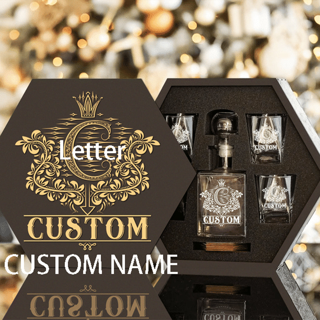 Custom Name - Whiskey Set (Wooden Box + Decanter + 4 Glasses + 4 Coasters), Bourbon Whiskey Collectibles,Father's Day Gift For Dad & Grandpa