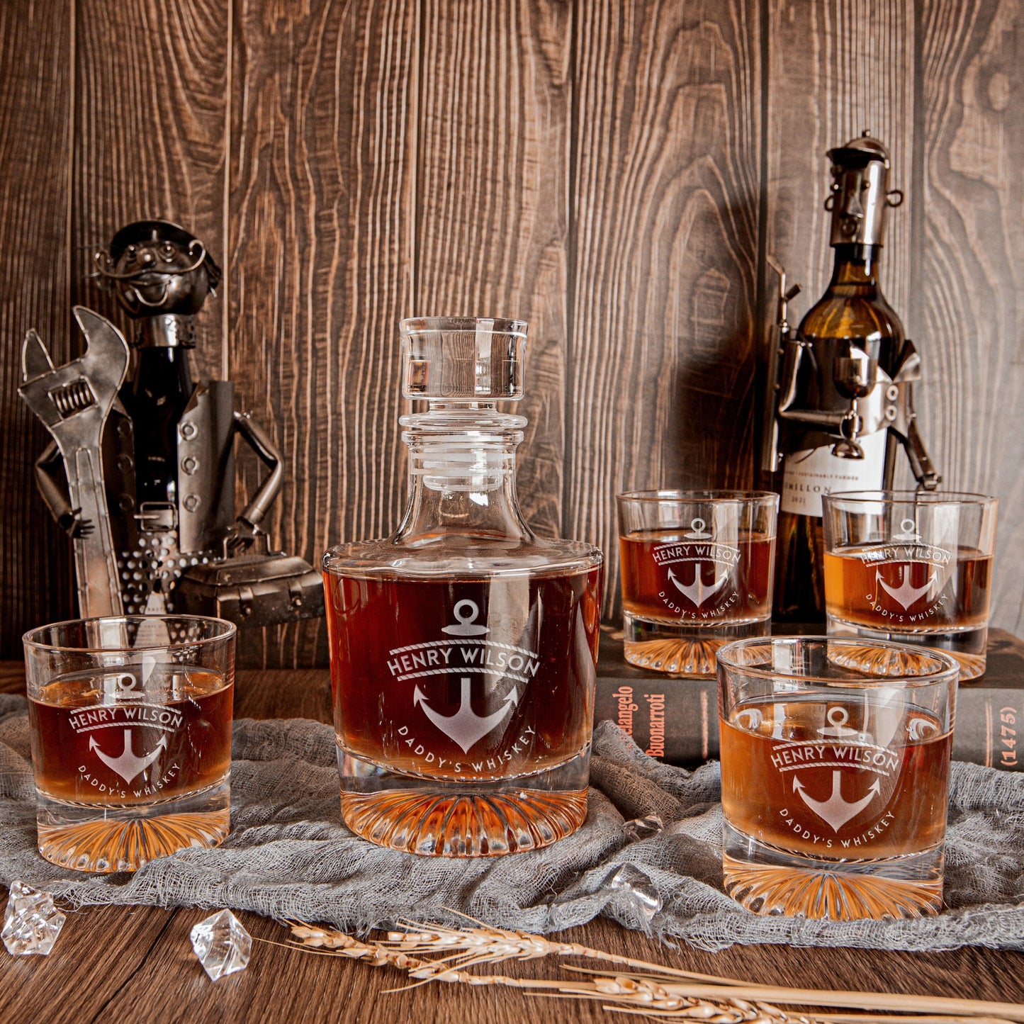 Engraved Round Whiskey Decanter Set with 4 Scotch Glasses