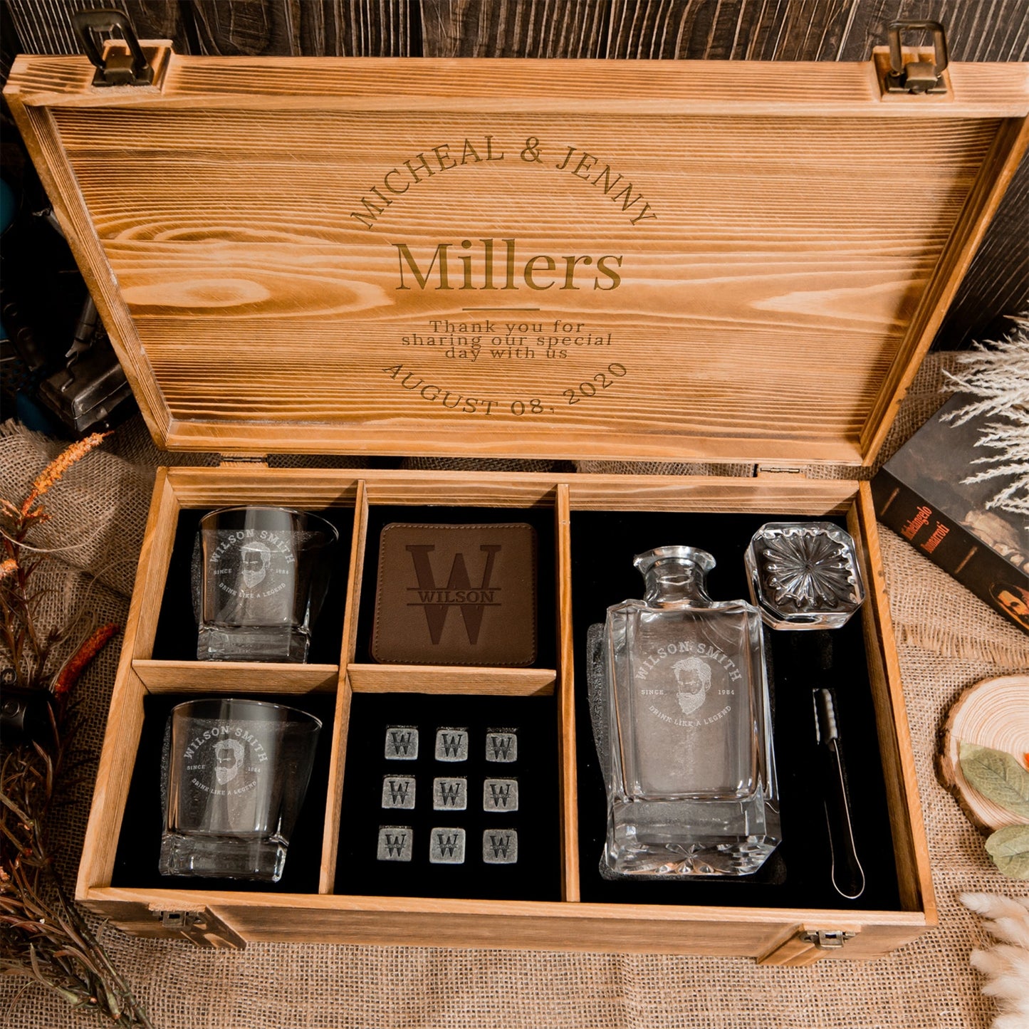 Personalised Army Crate Wooden Whiskey Gift Box - Star Base Decanter, 2 Glasses, 2 Coasters, 9 Ice Stones Set