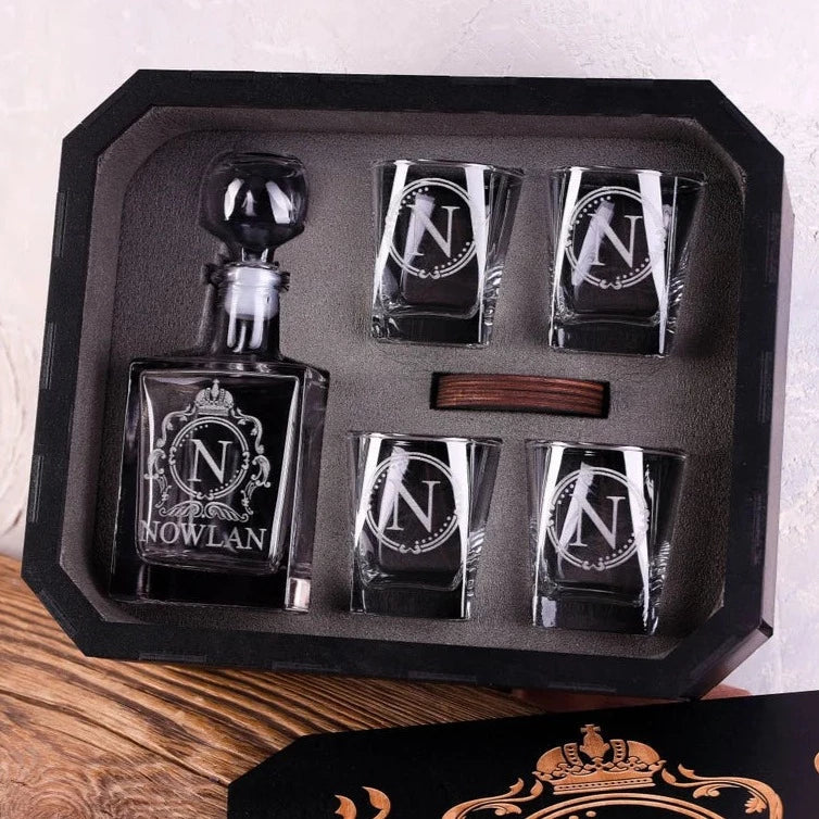 NOWLAN - WHISKEY SET (WOODEN BOX + DECANTER + 4 GLASSES + 4 COASTERS) Father's Day Gift For Dad & Grandpa