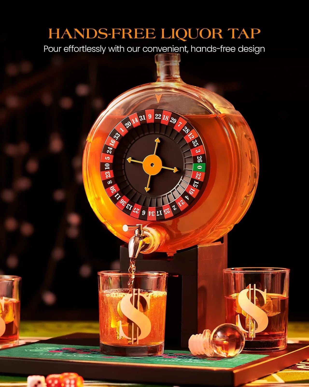 Roulette Casino-Style 60.9 Oz Whiskey Decanter Set With 4 Dollar Glasses