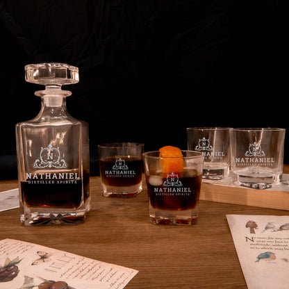 Engraved Whiskey Decanter Set with 4  Scotch Glasses