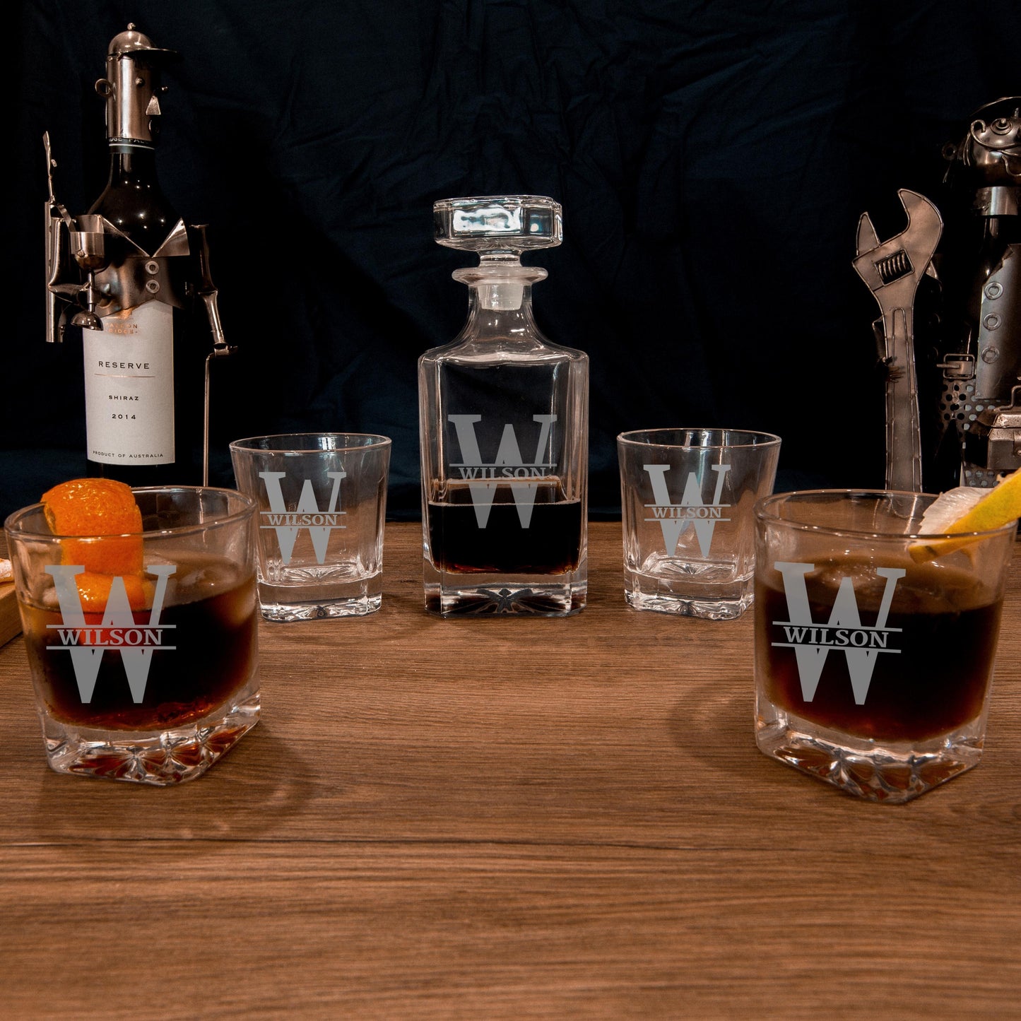 Engraved Whiskey Decanter Set with 4  Scotch Glasses