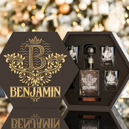 BENJAMIN - WHISKEY SET (Wooden box + Decanter + 4 Glasses + 4 Coasters)