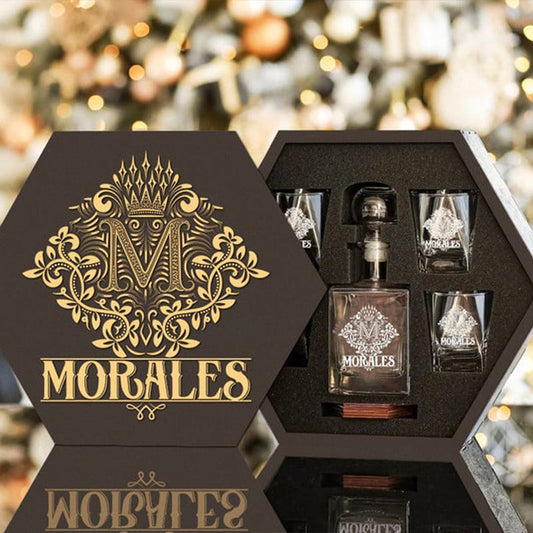 MORALES - WHISKEY SET (Wooden box + Decanter + 4 Glasses + 4 Coasters)