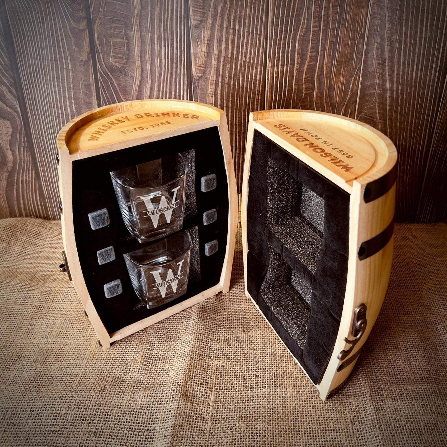 Personalised Set of 2 Whiskey Glasses & 6 Ice Stones in Wooden Barrel