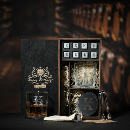 Engraved Old Fashioned Whiskey Glasses Set - Personalized Wooden Decanter Set