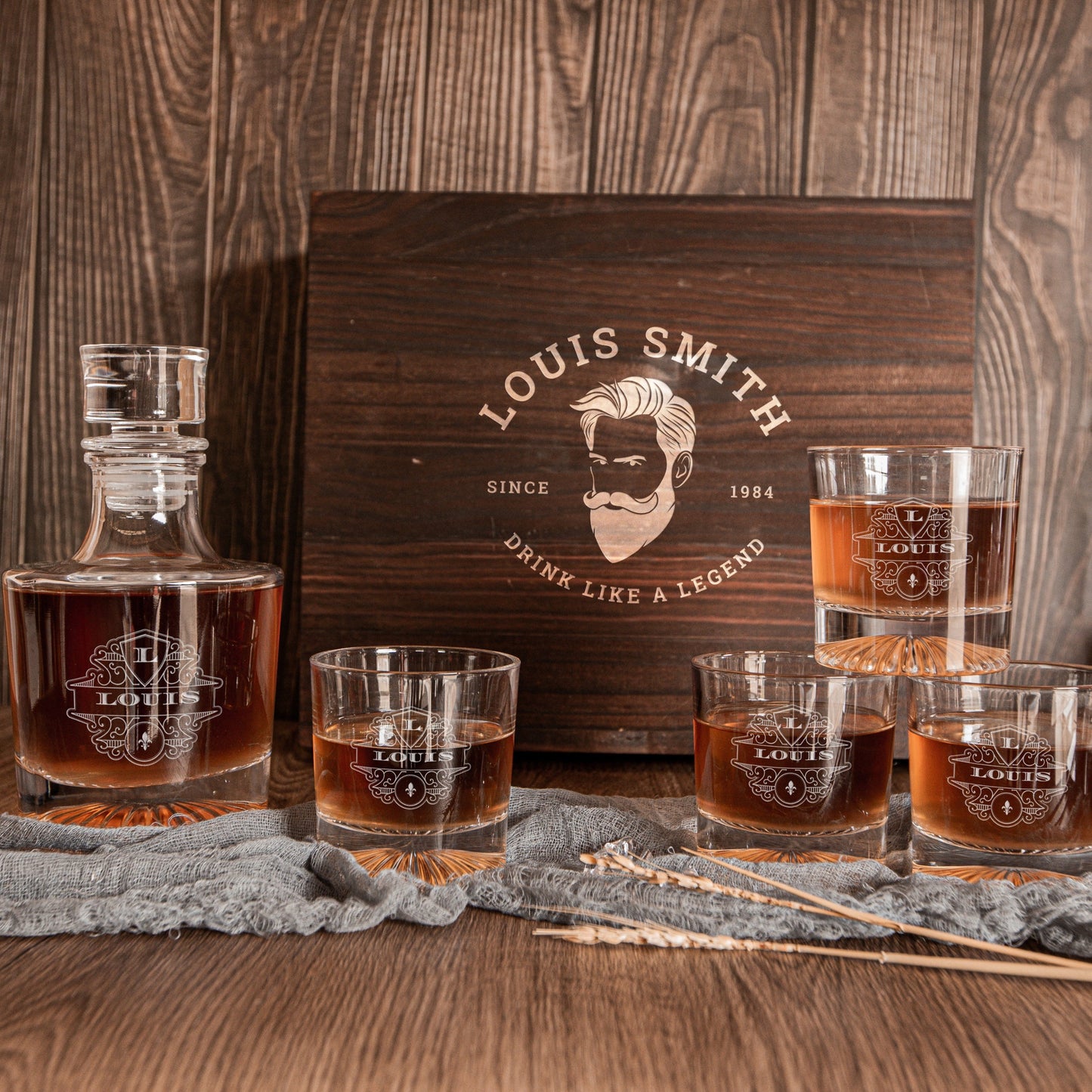Engraved Wooden Gift Boxed Round Whiskey Decanter & 4 Scotch Glasses Set