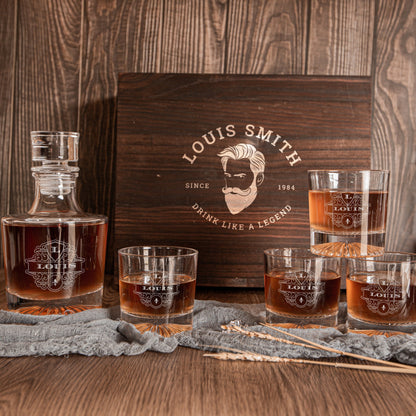Engraved Wooden Gift Boxed Round Whiskey Decanter & 4 Scotch Glasses Set