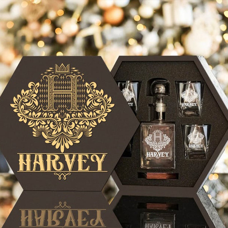 HARVEY - WHISKEY SET (Wooden box + Decanter + 4 Glasses + 4 Coasters)