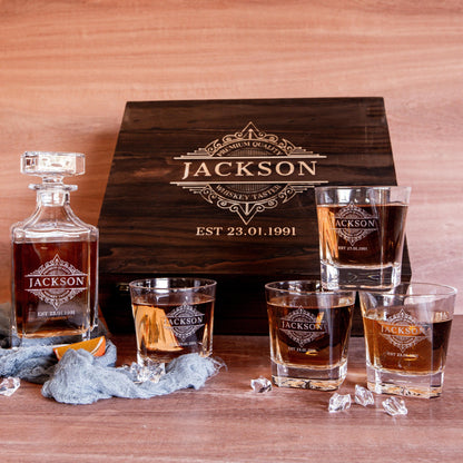 Engraved Wooden Gift Boxed Whiskey Decanter & 4 Scotch Star Base Glasses Set