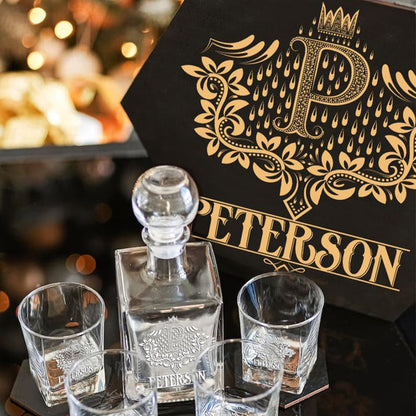 PETERSON - WHISKEY SET (Wooden box + Decanter + 4 Glasses + 4 Coasters)