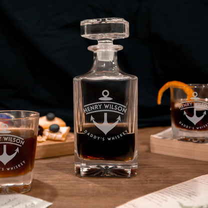 Engraved Whiskey Decanter Set with 4  Scotch Glasses