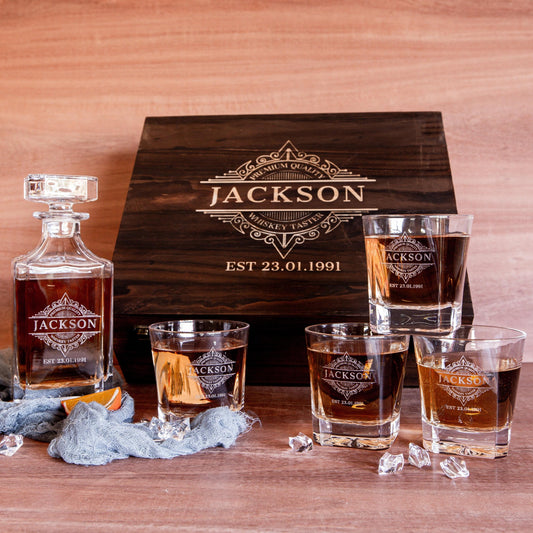 Engraved Wooden Gift Boxed Whiskey Decanter & 4 Scotch Star Base Glasses Set
