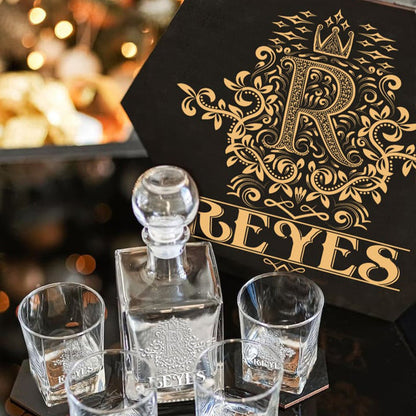 REYES - WHISKEY SET (Wooden box + Decanter + 4 Glasses + 4 Coasters)
