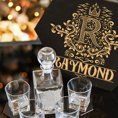 RAYMOND - WHISKEY SET (Wooden box + Decanter + 4 Glasses + 4 Coasters)