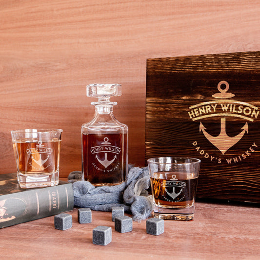 Engraved Square Whiskey Decanter with 2 Scotch Glasses & 6 Ice Stones Set in Wooden Gift Box