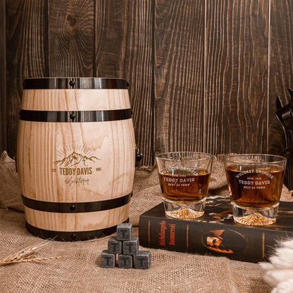 Personalised Set of 2 Rock Mountain Whiskey Glasses & 6 Ice Stones in Wooden Barrel