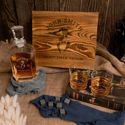 Engraved Flat Whiskey Decanter with 2 Scotch Glasses & 6 Ice Stones Set in Wooden Gift Box
