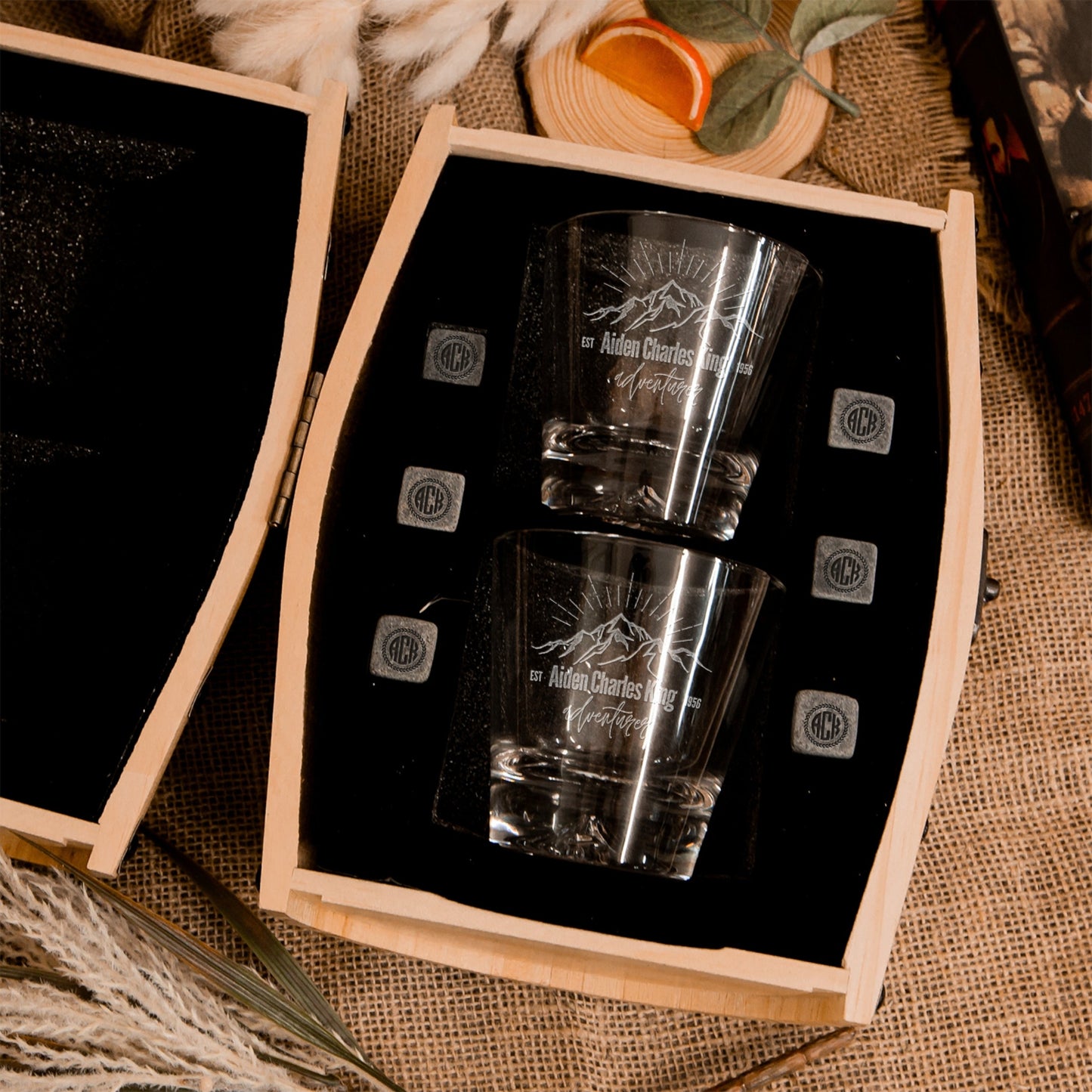 Personalised Set of 2 Rock Mountain Whiskey Glasses & 6 Ice Stones in Wooden Barrel
