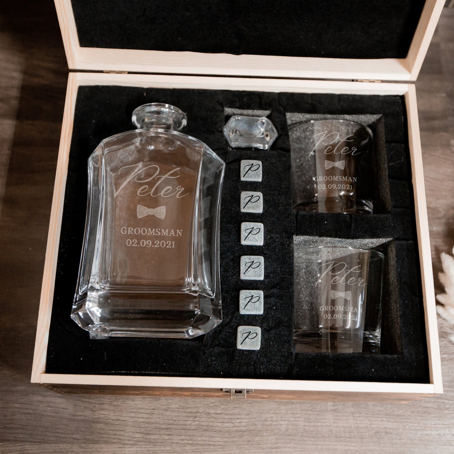 Engraved Flat Whiskey Decanter with 2 Scotch Glasses & 6 Ice Stones Set in Wooden Gift Box