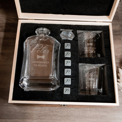 Engraved Flat Whiskey Decanter with 2 Scotch Glasses & 6 Ice Stones Set in Wooden Gift Box