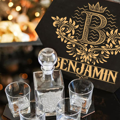 BENJAMIN - WHISKEY SET (Wooden box + Decanter + 4 Glasses + 4 Coasters)