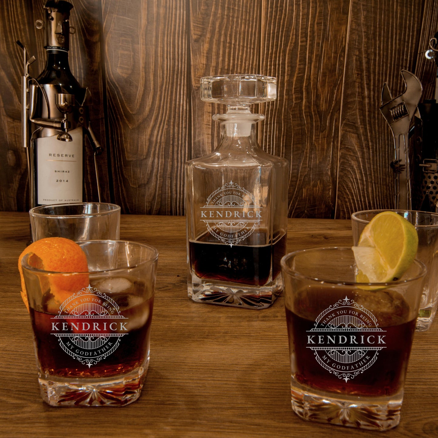 Engraved Whiskey Decanter Set with 4  Scotch Glasses
