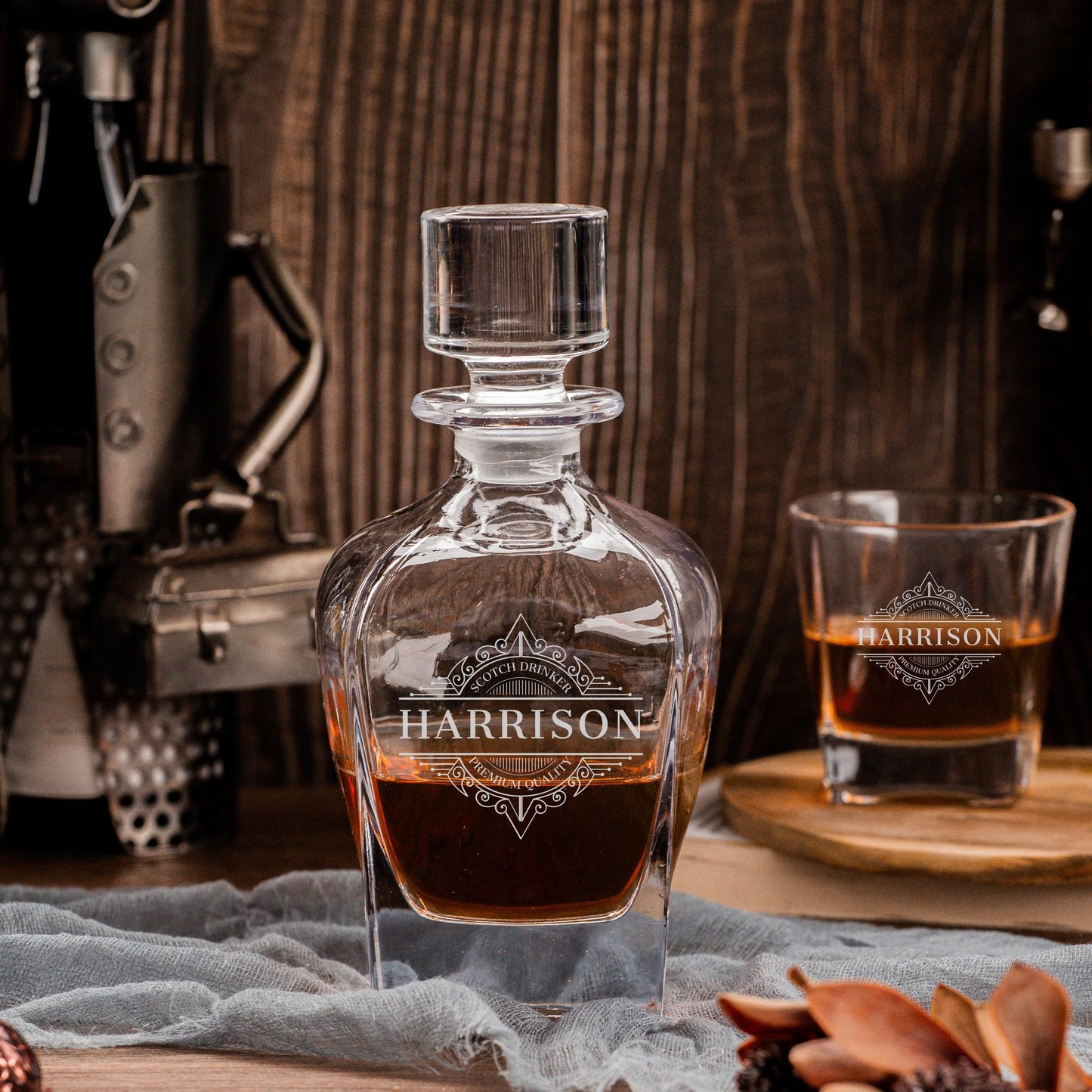 Engraved Curve Whiskey Decanter Set with 4  Scotch Glasses