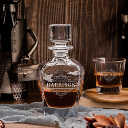 Engraved Curve Whiskey Decanter Set with 4  Scotch Glasses