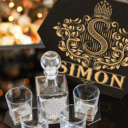 SIMON - WHISKEY SET (Wooden box + Decanter + 4 Glasses + 4 Coasters)