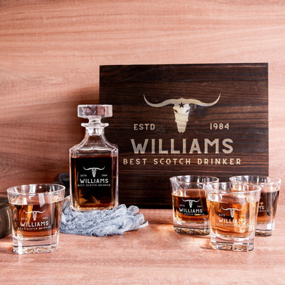 Engraved Wooden Gift Boxed Whiskey Decanter & 4 Scotch Star Base Glasses Set